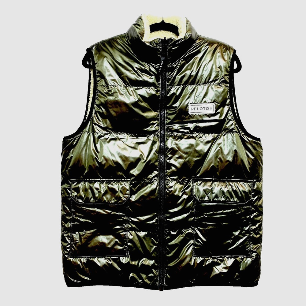 Peloton Puffer Vest Jacket Womens Large Green Reversible Sherpa Hudson